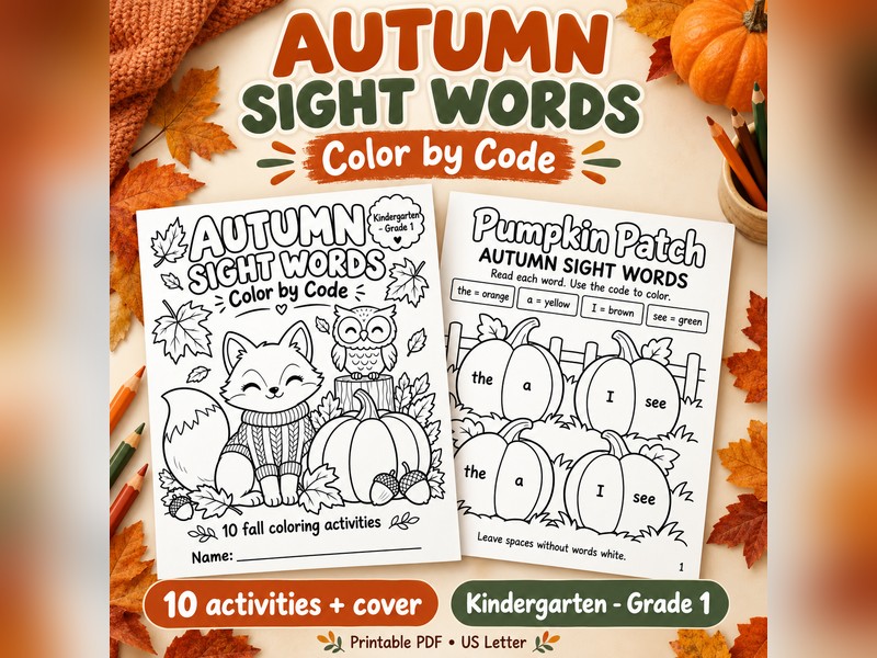 Autumn Sight Words Colour by Code K-1