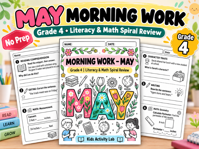 Year 5 / Grade 4 Morning Work May — Daily ELA & Math Spiral Review (20 Days)