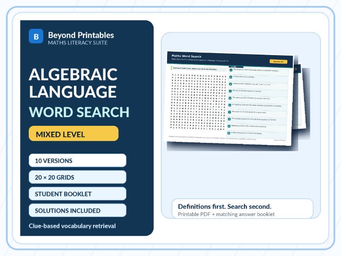 Algebraic Language Maths Word Search | 10 Printable Vocabulary Puzzles with Solutions