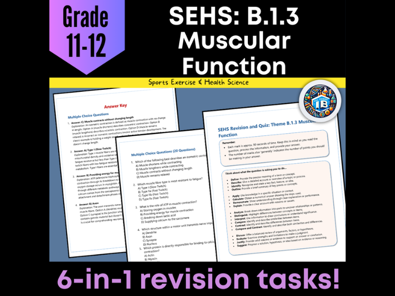 IB DP Sports Science (SEHS): B1.3 Muscular Function – Quiz & Revision Worksheets 2026