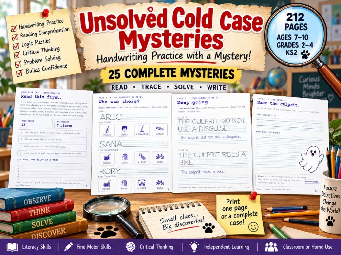 Kids Handwriting Practice & Detective Mystery Workbook | 25 Logic Cases | Ages 7–10 | KS2