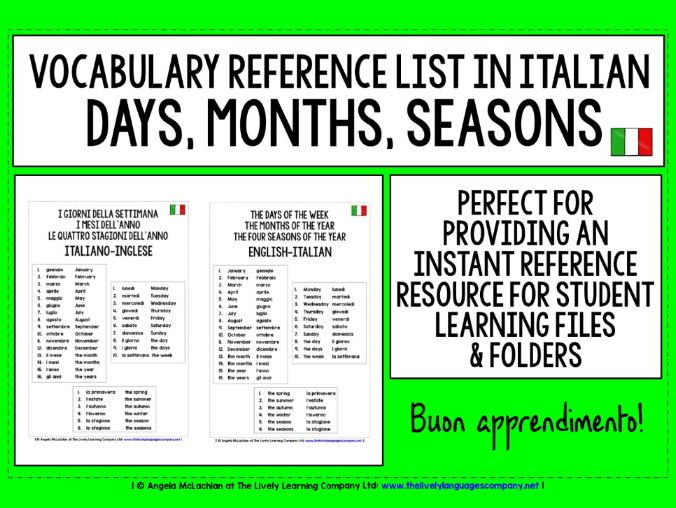 italian days months seasons vocabulary reference list by reference list