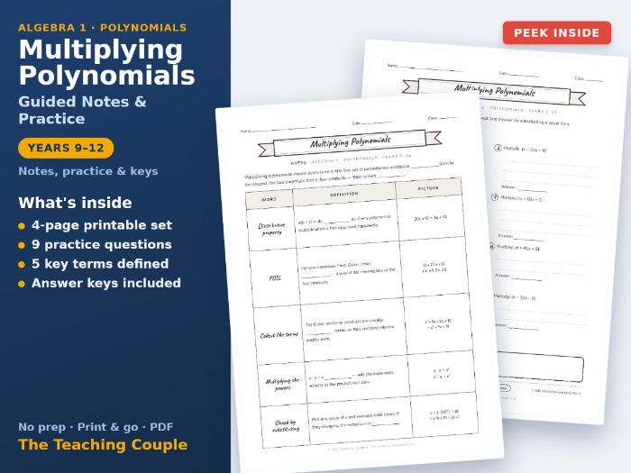 Multiplying Polynomials Guided Notes & Practice + Answer Keys