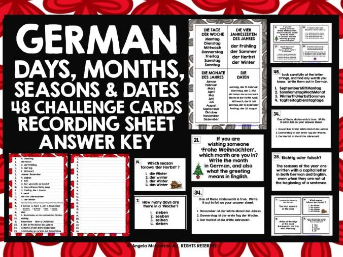 GERMAN DATES DAYS MONTHS SEASONS CHALLENGE CARDS by LivelyLearning