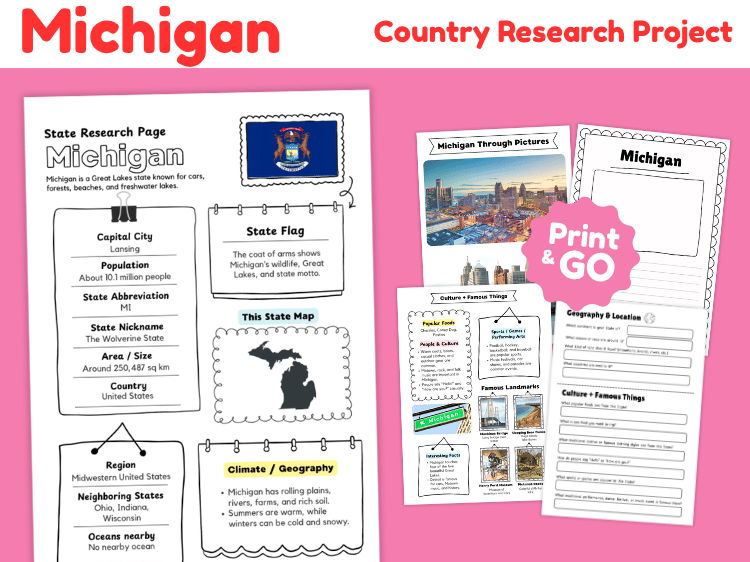 Michigan State Research Project | US Geography & State Study Worksheets