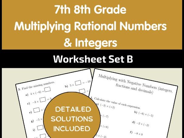 7th 8th Grade Multiplying Rational Numbers & Integers Worksheet Set B