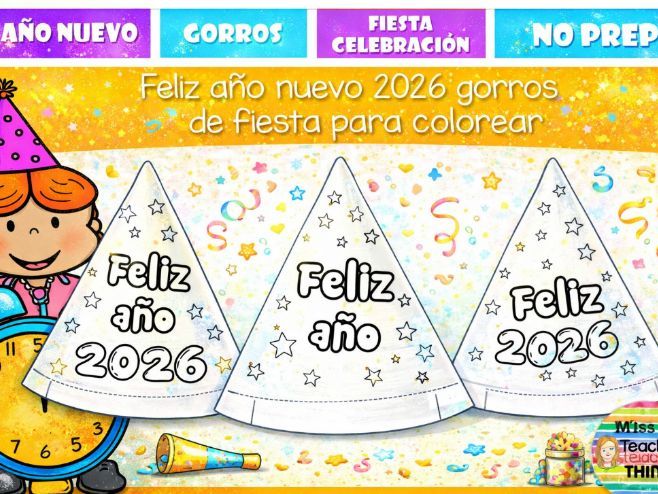 Spanish New Year party hats 2026 - colour in and design your own for all ages!