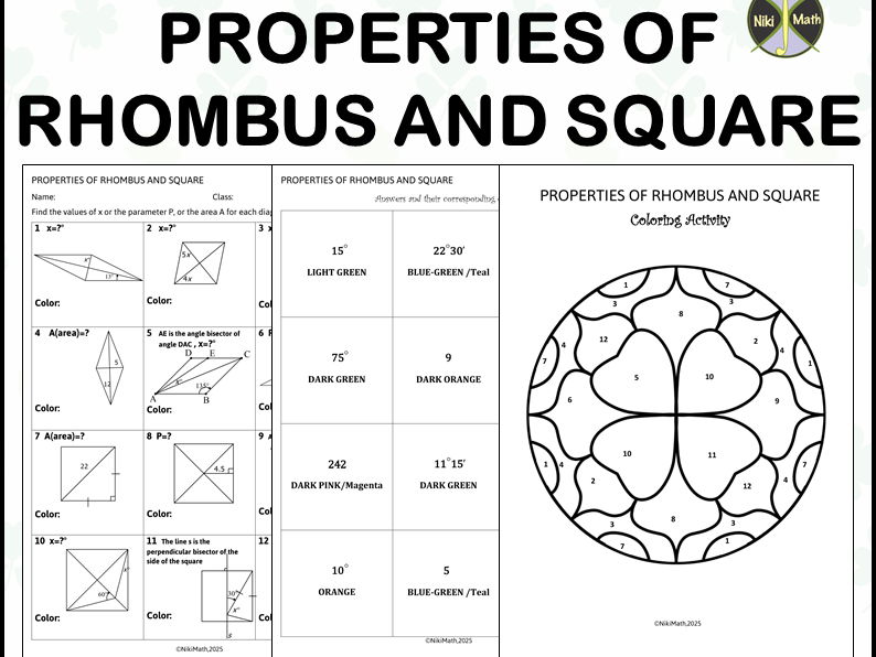 Properties of Rhombuses and Squares - Coloring Activity
