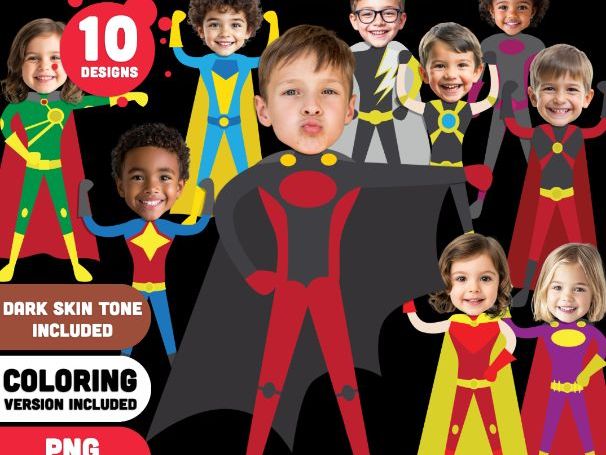 Superhero Bodies, Add Your Own Face Craft Templates, Light + Dark Skin, PDF + PNG + Coloring Pages