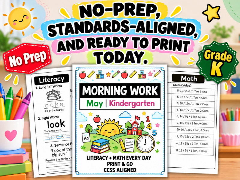 May Morning Work Kindergarten Worksheets — Daily ELA & Math Spiral Review (20 Days)