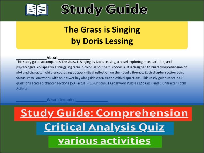 Study Guide for :The Grass is Singing by Doris Lessing & Comprehension Test