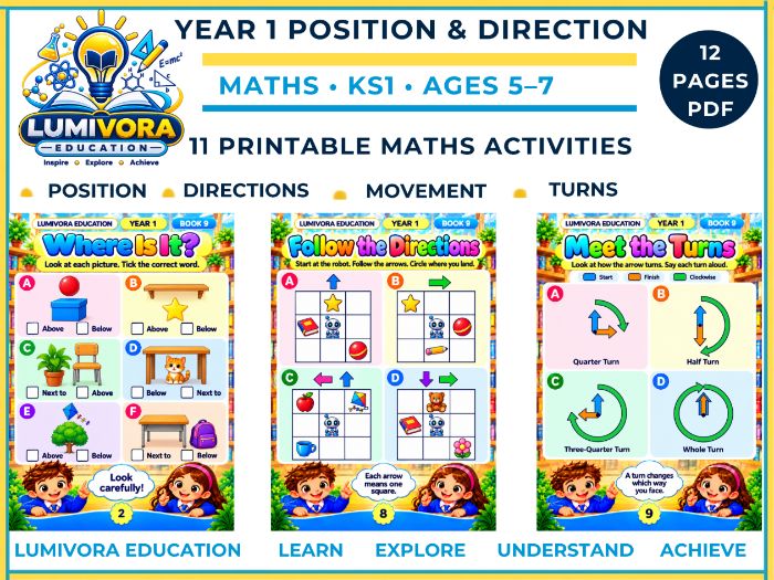 Year 1 Position and Direction Worksheets KS1 Maths Turns & Movement