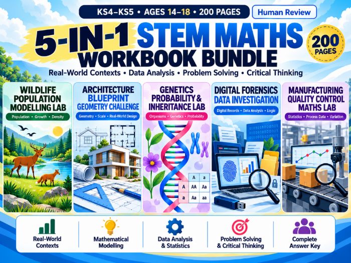 KS4–KS5 STEM Maths & Data Investigation Bundle 5 Real-World Projects 200 Pages