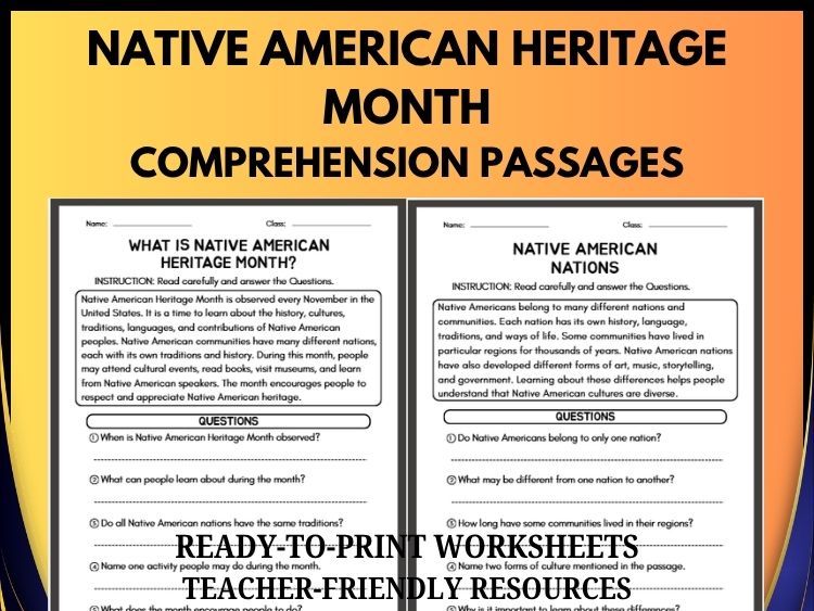 Native American Heritage Month Reading Comprehension | 20 Passages & Questions | Grades 2–8