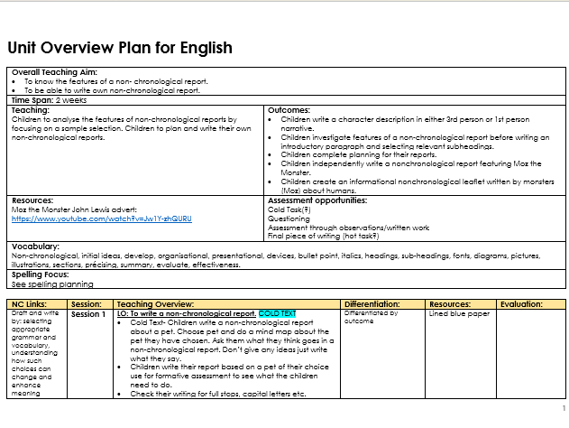 TalkForWriting English Planning - Moz the Monster - Christmas - Non-Chronological Report