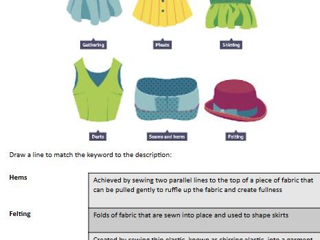 Fabric construction methods (gathers/darts/hems/pleats/shirring/gathering)