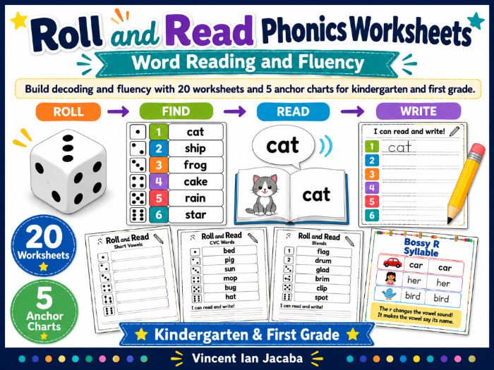 Roll and Read Phonics Worksheets | Word Reading & Fluency | Kindergarten–Grade 1