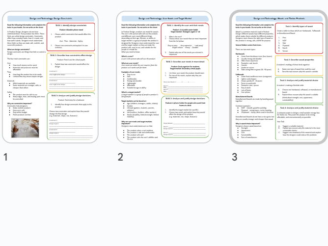Design & Technology – Independent Cover Work Pack 2 (Constraints, Users & Materials)
