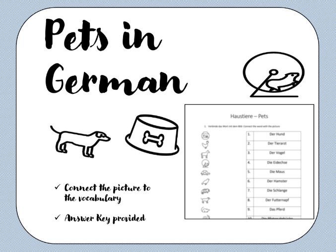 Pets in German - Haustiere - Vocabulary Exercise -Worksheet