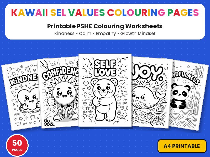 Kawaii SEL Character Values Colouring Pages | Printable Colouring Page Worksheets | Kindness Calm