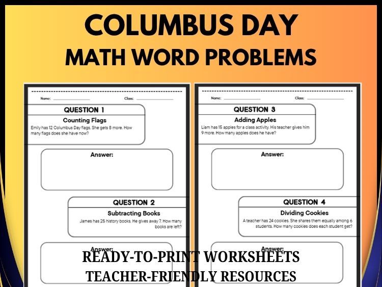Columbus Day Math Word Problems | 40 Questions & Answers | Grades 2–8