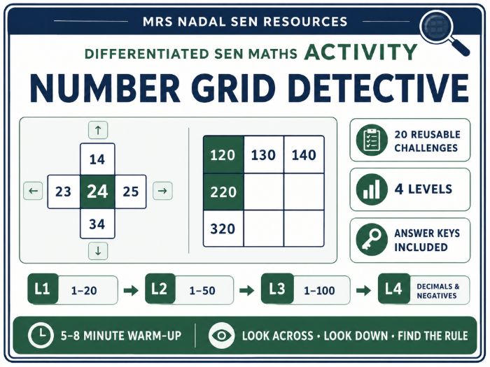 Number Grid Detective SEN Maths Activity | 20 Reusable Challenges | 4 Levels
