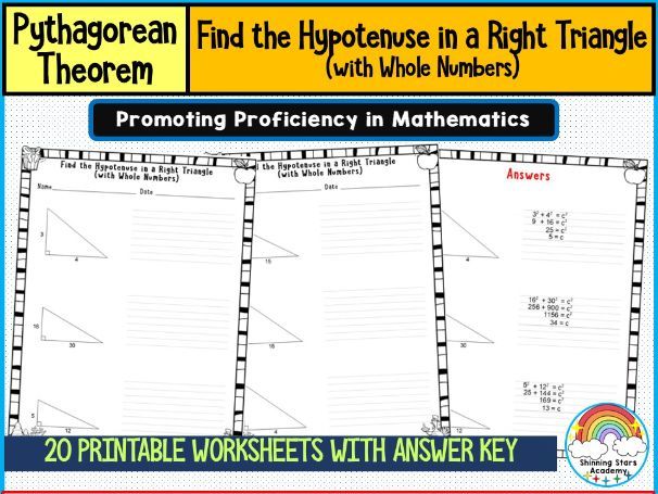 Find the Hypotenuse in a Right Triangle (with Whole Numbers) Worksheets Pythagorean Theorem Practice