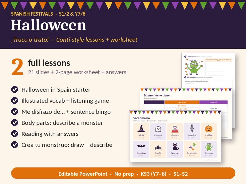 Halloween, Conti Style: 2 Spanish Lessons + Worksheet (KS3, S1/2 & Y7/8)