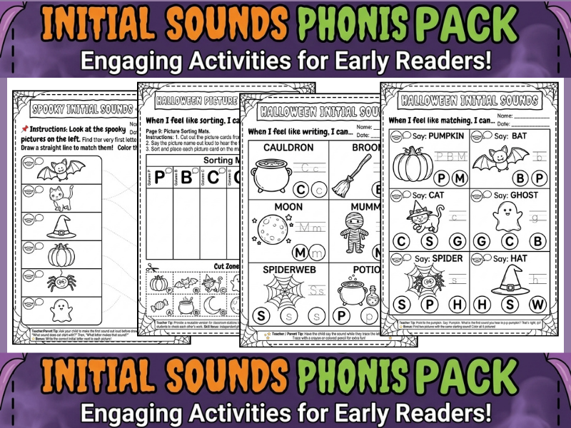 Halloween Initial Sounds Phonics Worksheets | EYFS & KS1 Early Reading Activities Pack