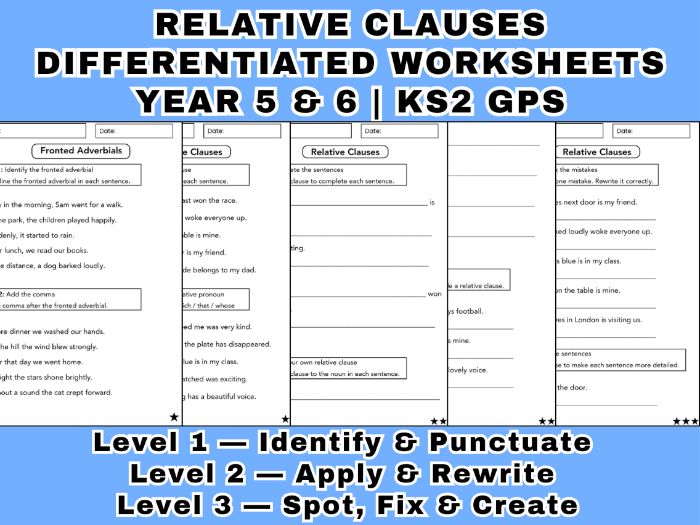 Relative Clauses Worksheets | Year 5 & 6 KS2 | 3 Differentiated Levels + Answer Keys