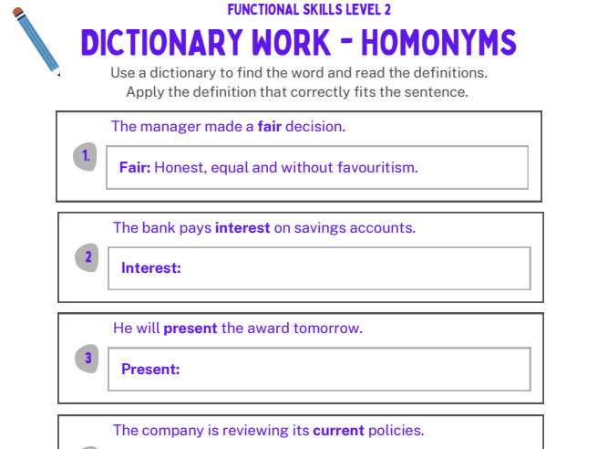 Functional Skills English Level 2 - Homonyms & Dictionary work