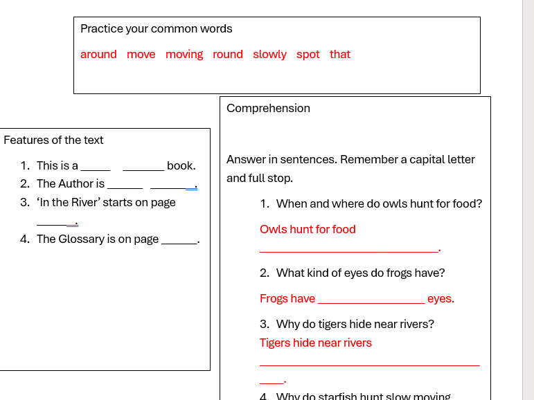 PM reading worksheets - Animals at Night (PM Green)