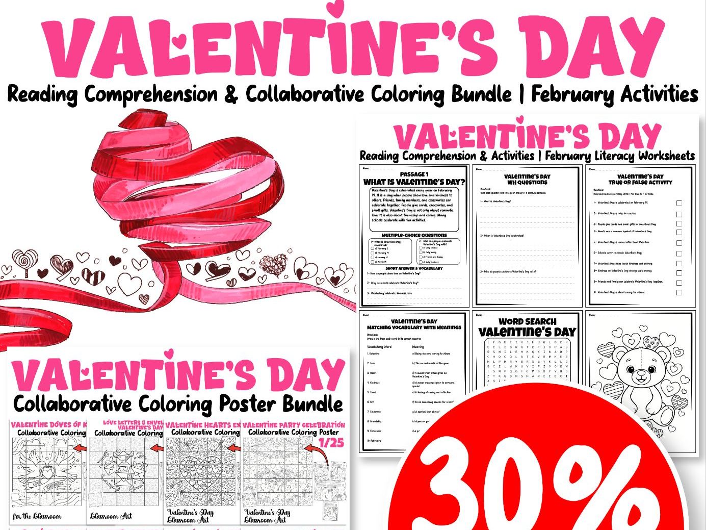 Valentine’s Day Reading Comprehension & Collaborative Coloring Bundle | February Activities