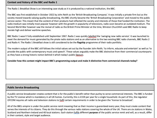 BBC Radio 1 Breakfast Show - Alevel Media Studies Revision Guide (OCR)