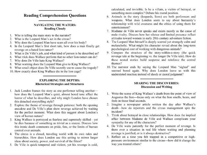 The Leopard Man’s Story by Jack London with Reading Comprehension Questions