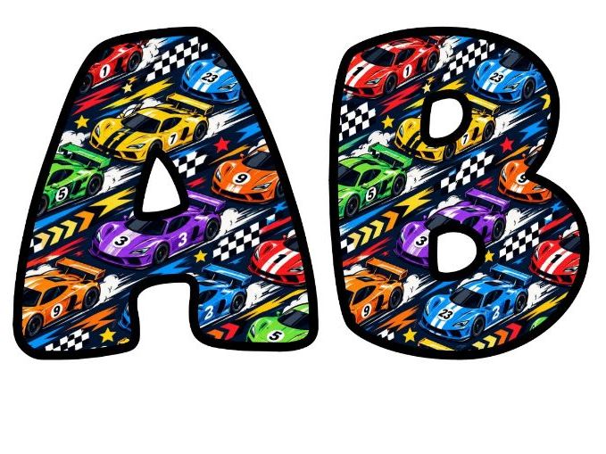 Racing Supercars Bubble Letters | Patterned Bulletin Board Letters | Printable Alphabet A-Z and 0-9