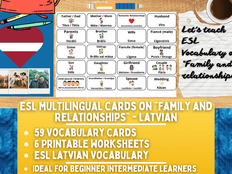ESL Multilingual Vocabulary Flashcards - Family and Relationships - Latvian