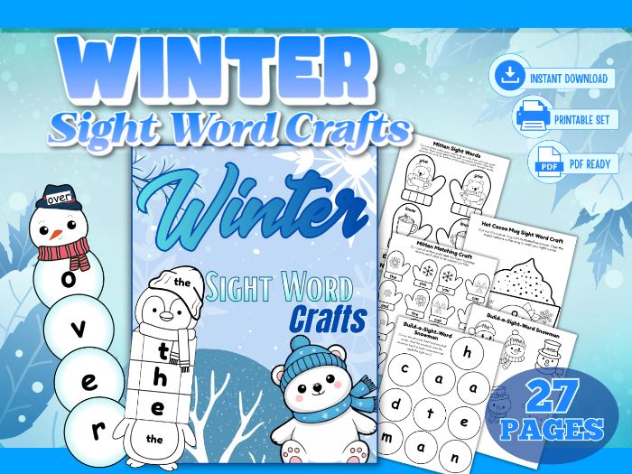 Winter Sight Word Crafts for Kindergarten–1st Grade combine cut-and-paste,  coloring, and hands on