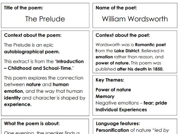 The Prelude Poetry Revision Sheet AQA Power and Conflict