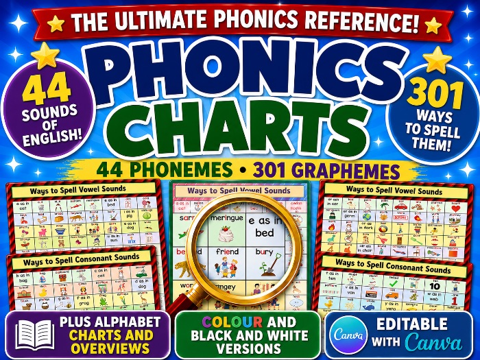 Editable Alphabet and Phonics Charts with 44 Phonemes and 301 Graphemes