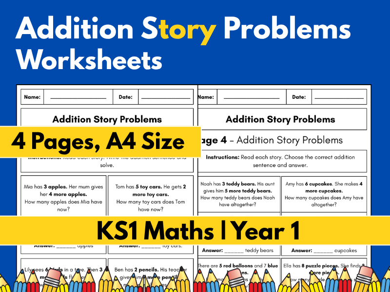 Addition Story Problems Worksheets | KS1 Maths | Year 1