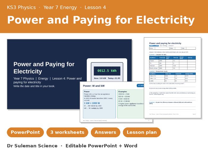 KS3 Power and Paying for Electricity Lesson + Worksheets | Year 7