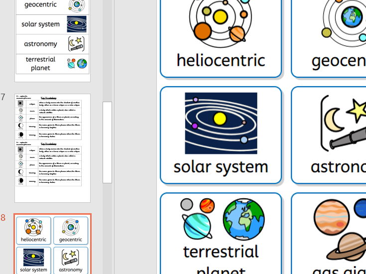 Year 5 Earth and Space widgit Vocabulary