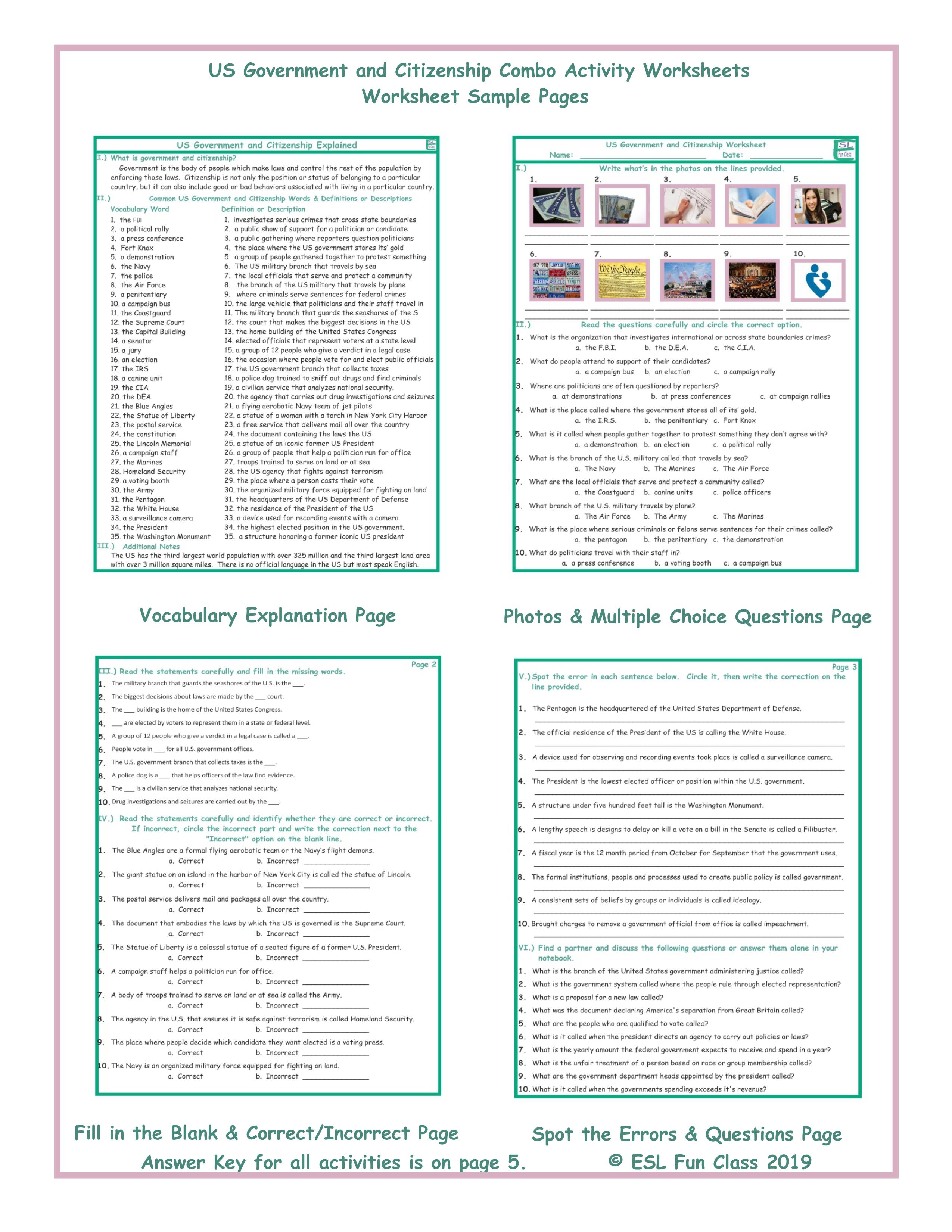 US Government and Citizenship Combo Activity Worksheets  Teaching In Branches Of Government Worksheet Pdf