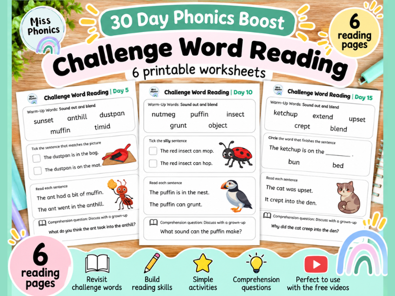 Challenge Word Reading Worksheets | 30 Day Phonics Boost