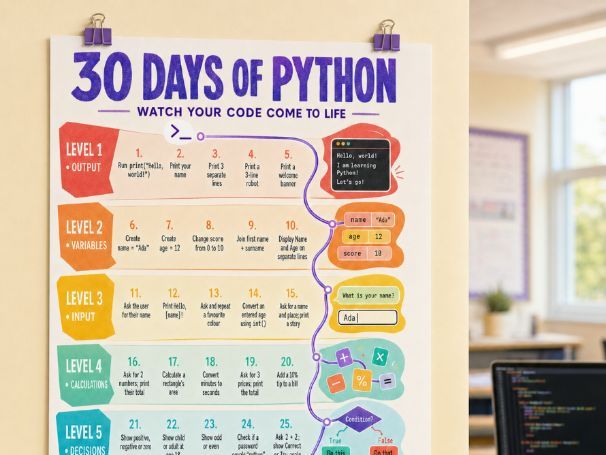 30 Days of Python Challenges | Beginner Coding Poster | KS3 Computing