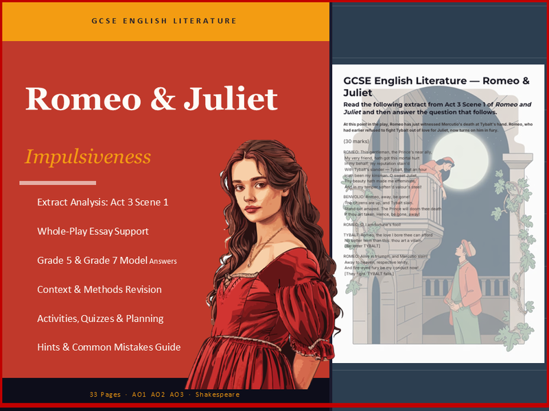 GCSE Romeo & Juliet: Romeo as an Impulsive Character Revision Workbook | Grade 5–9 Essay Models & Ex