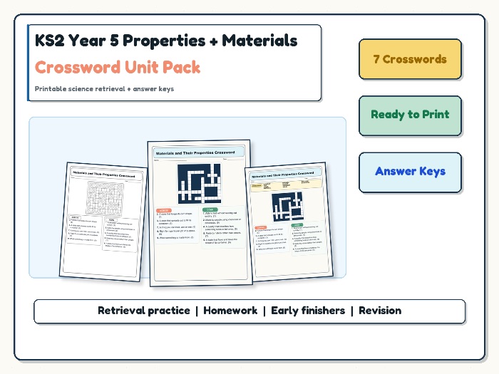 KS2 Year 5 Properties and Changes of Materials Crossword Unit Pack | Science Vocabulary + Answers