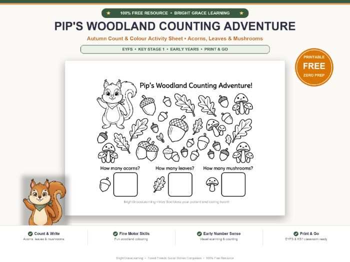 FREE Autumn Counting & Colouring Activity Sheet | EYFS KS1 Maths Pip Squirrel