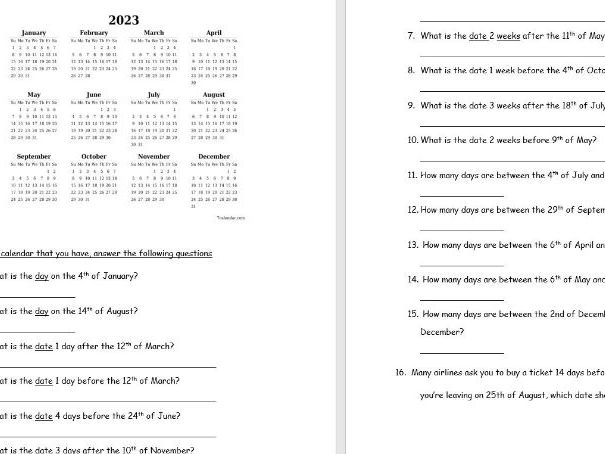Primary Maths_Calendar Worksheet